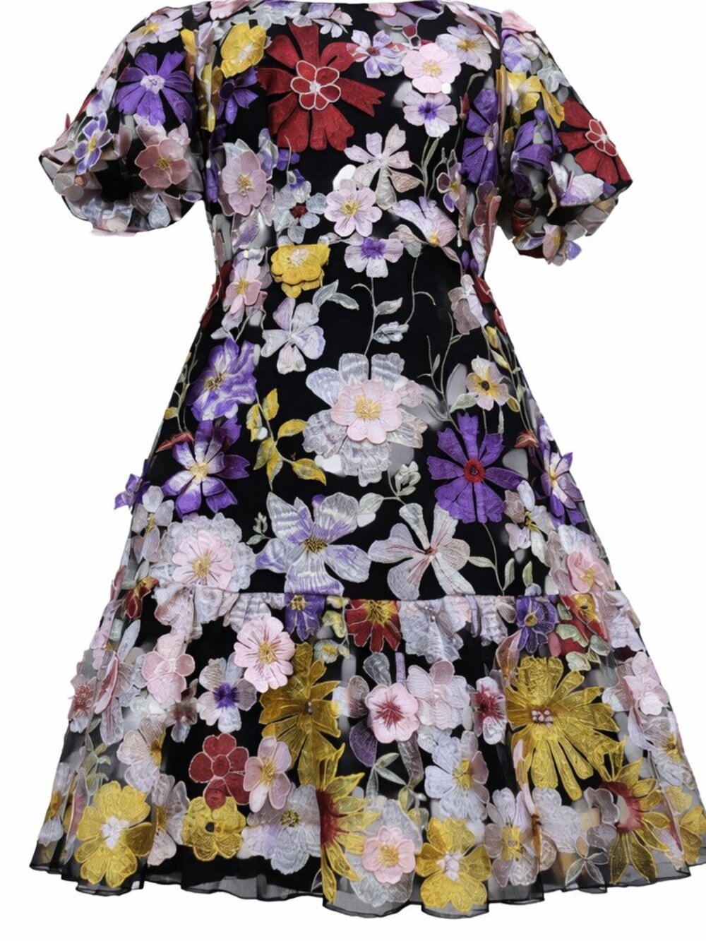 MILLY YASMIN Black Midi Dress with Multicolor 3D Floral Embroidery Appliqués